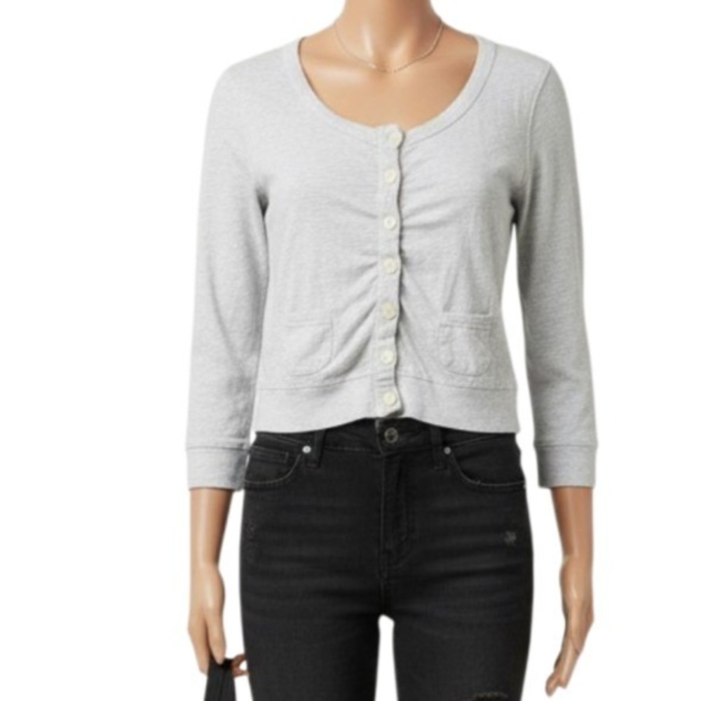 Aeropostale Cropped Cardigan Sweater Womens M Gray Boxy Knit Button Front Top